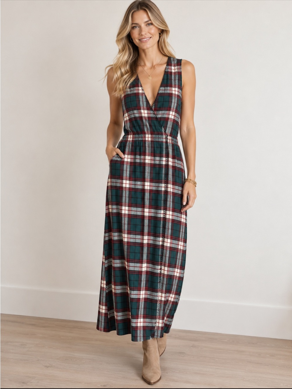 Eddie Bauer VTG Plaid Cotton Midi Dress Sleeveless Faux Wrap Size M NWOT